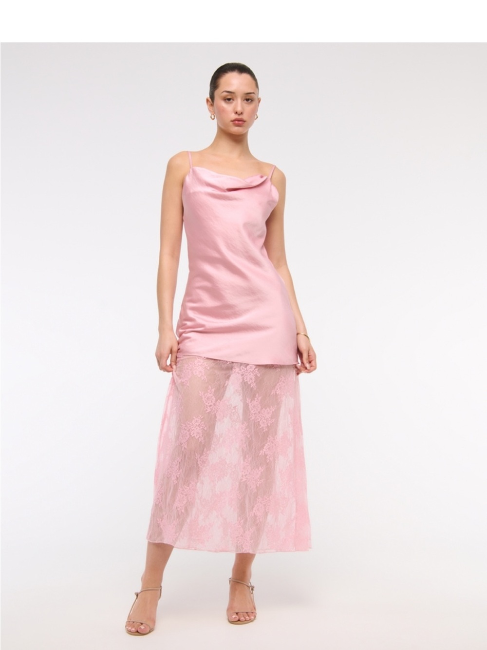 Abercrombie & Fitch Pink Satin Cowl-Neck Slip Dress with Lace Skirt